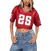 Jersey Shirts for Women Y2k Graphic Number Tees Hip Hop V Neck Short Sleeve Mesh Crop Top Baggy Streetwear T Shirt Tops