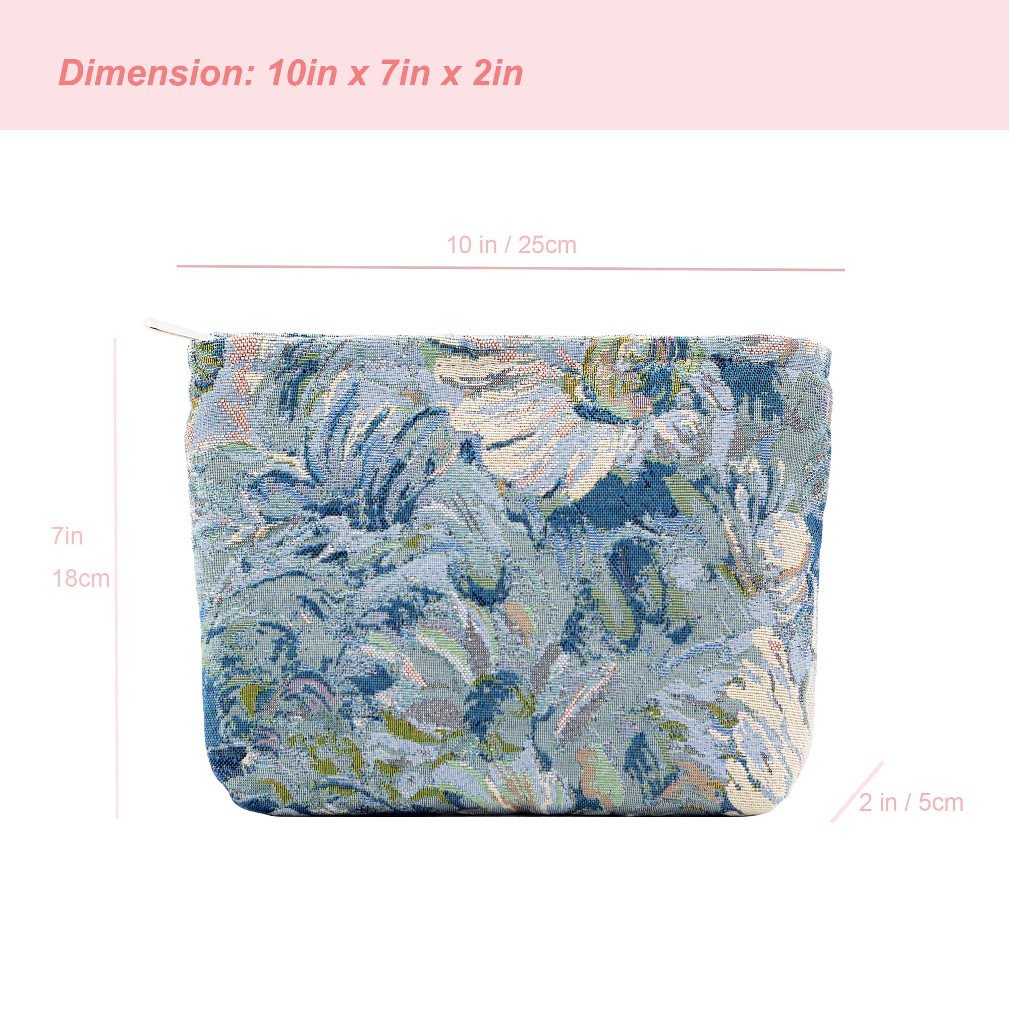 PAZIMIIK Makeup Bags for Purse Zipper Cosmetic Pouch Large Travel Canvas Make Up Organizer Tool Pouch for Women and Girls,Flower Blue