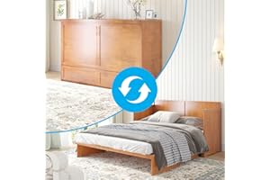 Mjkone Murphy Bed Queen Murphy Bed Cabinet with Foldable High Elasticity Mattress Murphy Bed Chest with Drawer Murphy Cube Bed Cabinet with USB Charging Station for Bedroom Guest Room Office, Cherry