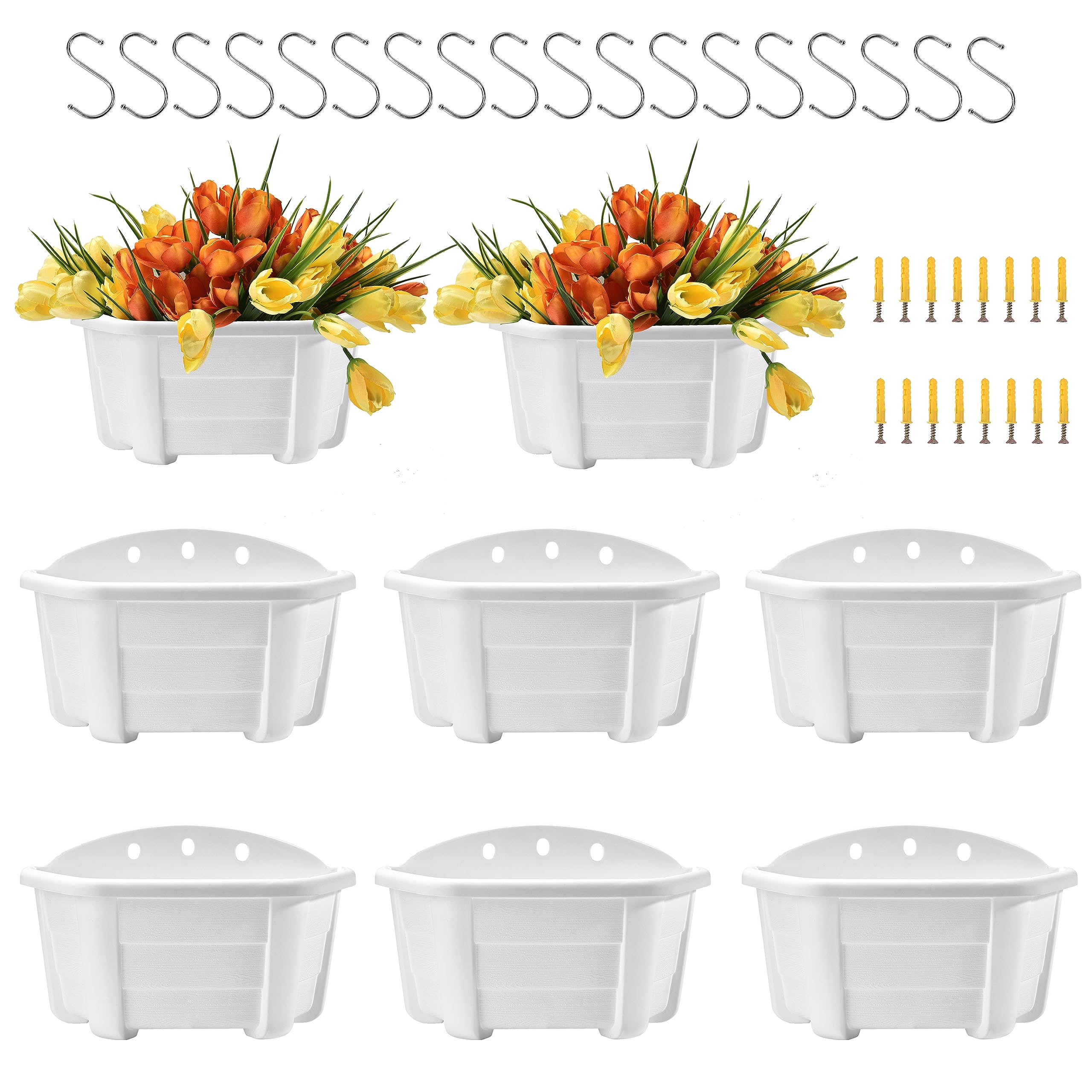 Photo 1 of ORIMERC 9.8 inch 8 Pack White Wall Hanging Planters Pots for Indoor Plants, Wall Plants Holder with Drainage Hole, Balcony planters Railing Hanging Pot, Plant Wall Mount Decor with Hook/Screws