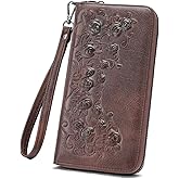 MEITRUE Womens Wallet Large Capacity Phone Clutch Purse RFID Floral Embossed Vegan Leather Travel Wallet with Wristlet Coffee