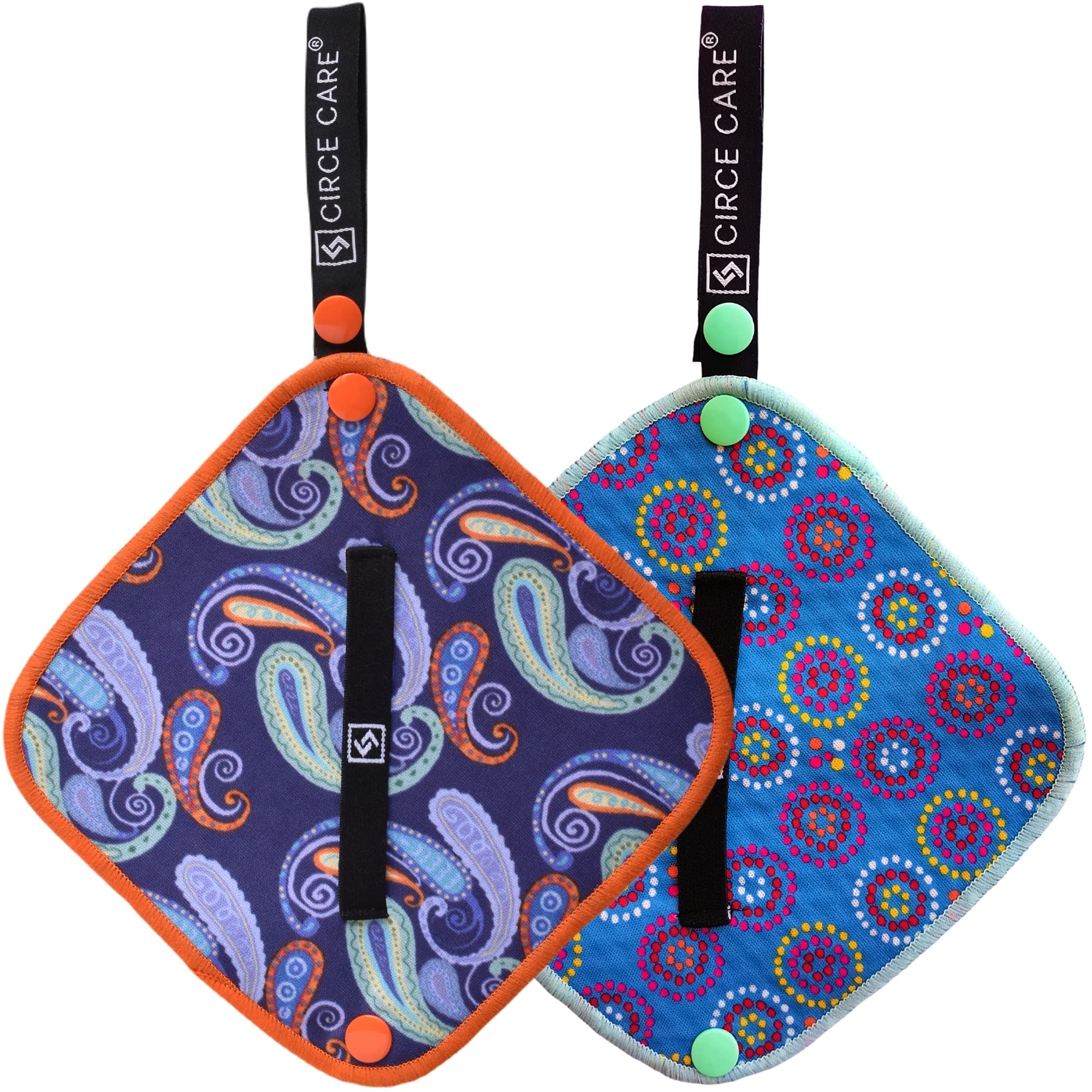 CIRCE CARE Pee Cloth:Silver Infused Pee rag for Women who Pee Outdoors, Reusable Absorbent Wipes, Eco alt. to Toilet Paper, Female Urination Solution for Camping, Hiking (2pc Combi- BlueDisco+Fiesta)