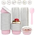 100 PCS Aluminium Foil Baking Cups, Mini Cake Pans with Lids and 100 PCS Spoons, 5 oz Disposable Baking Cups Foil Ramekins For Party Birthday Wedding Valentines (Pink)