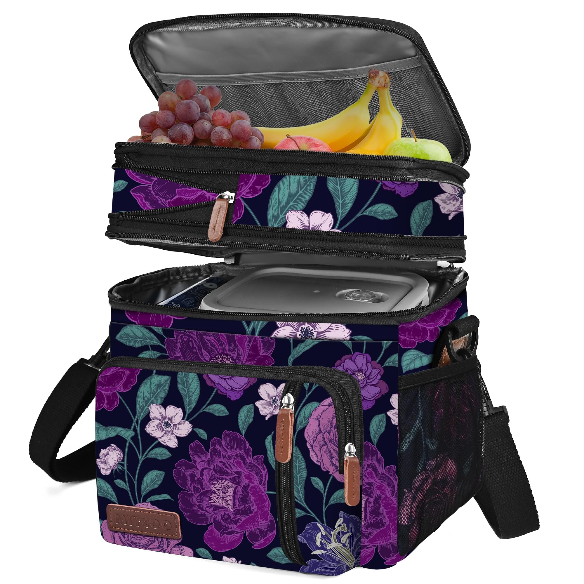 Photo 1 of MIYCOO Lunch Bag & Lunch Box for Women Men Double Deck - Leakproof Insulated Soft Large Adult Lunch Cooler Bag for Work, Beach, Picnic, Camping, Travel (Purple Flower,15L)
