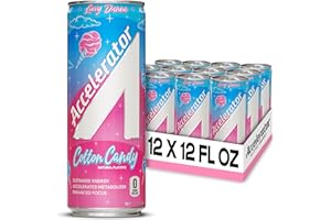 Accelerator Energy Drink Sugar Free, Cotton Candy 12oz can(12 pack) Zero Sugar Energy Drinks with Sustained Energy from 100% Natural Caffeine (200mg) & Green Tea extract