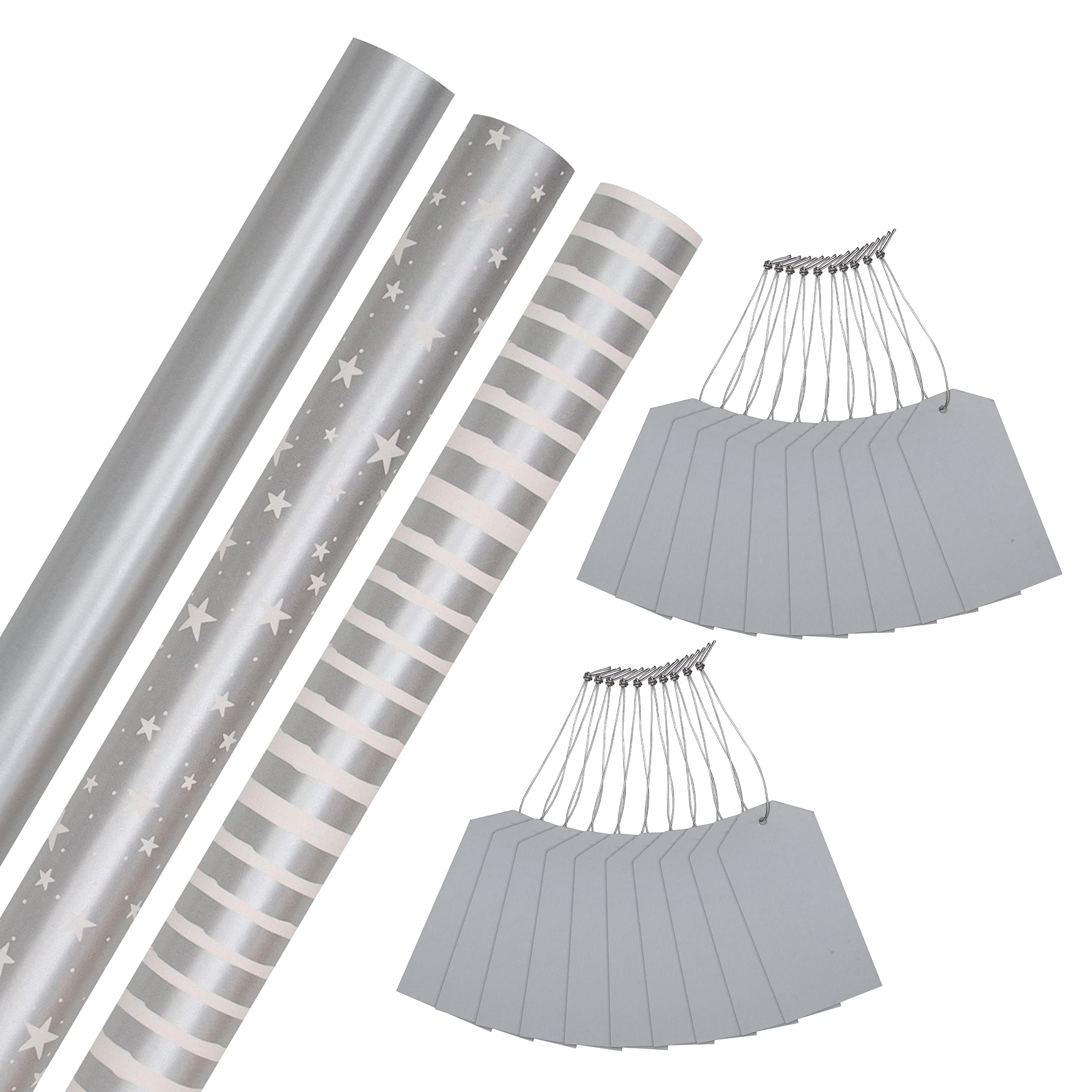 Hallmark Silver Christmas Wrapping Paper and Gift Tag Bundle, 3 Rolls of Paper, 3 Designs With 2 Packs of 10 Silver Gift Tags