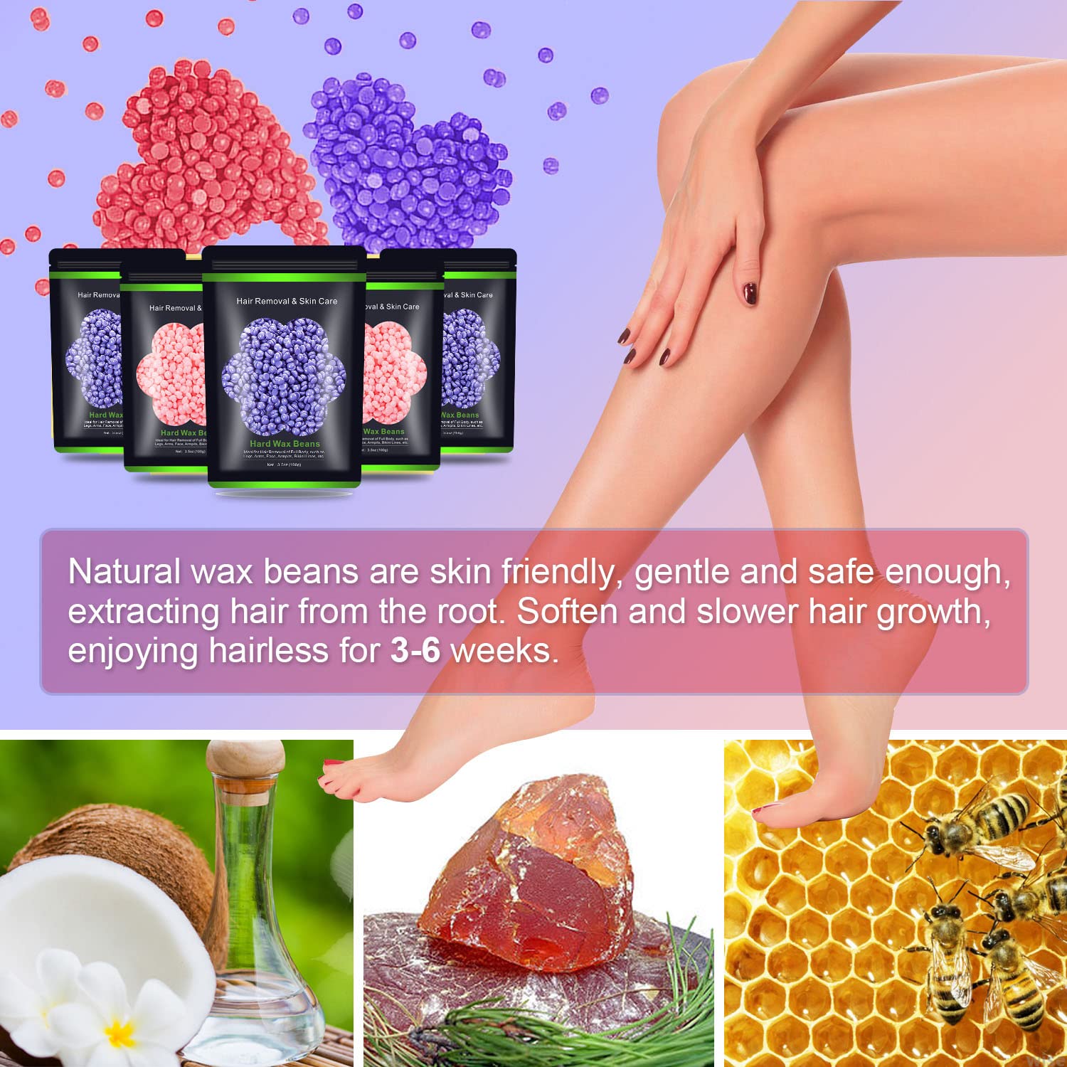 Auperwel Wax Beads for Hair Removal 1.1 lb (17.6 oz), Hard Wax Beads for Sensitive Skin - Brazilian, Face, Bikini, Legs, Eyebrow, Painless Waxing Beads Kit for Women Men, 5 Packs with 10 Wax Sticks