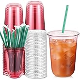 Baderke 25 Set Plastic Cups with Lids and Straws, Disposable Plastic Iced Coffee Cup for Cold Beverage Juice Smoothie Crystal for Coffee Shops Party Catering(Pink,16 oz)