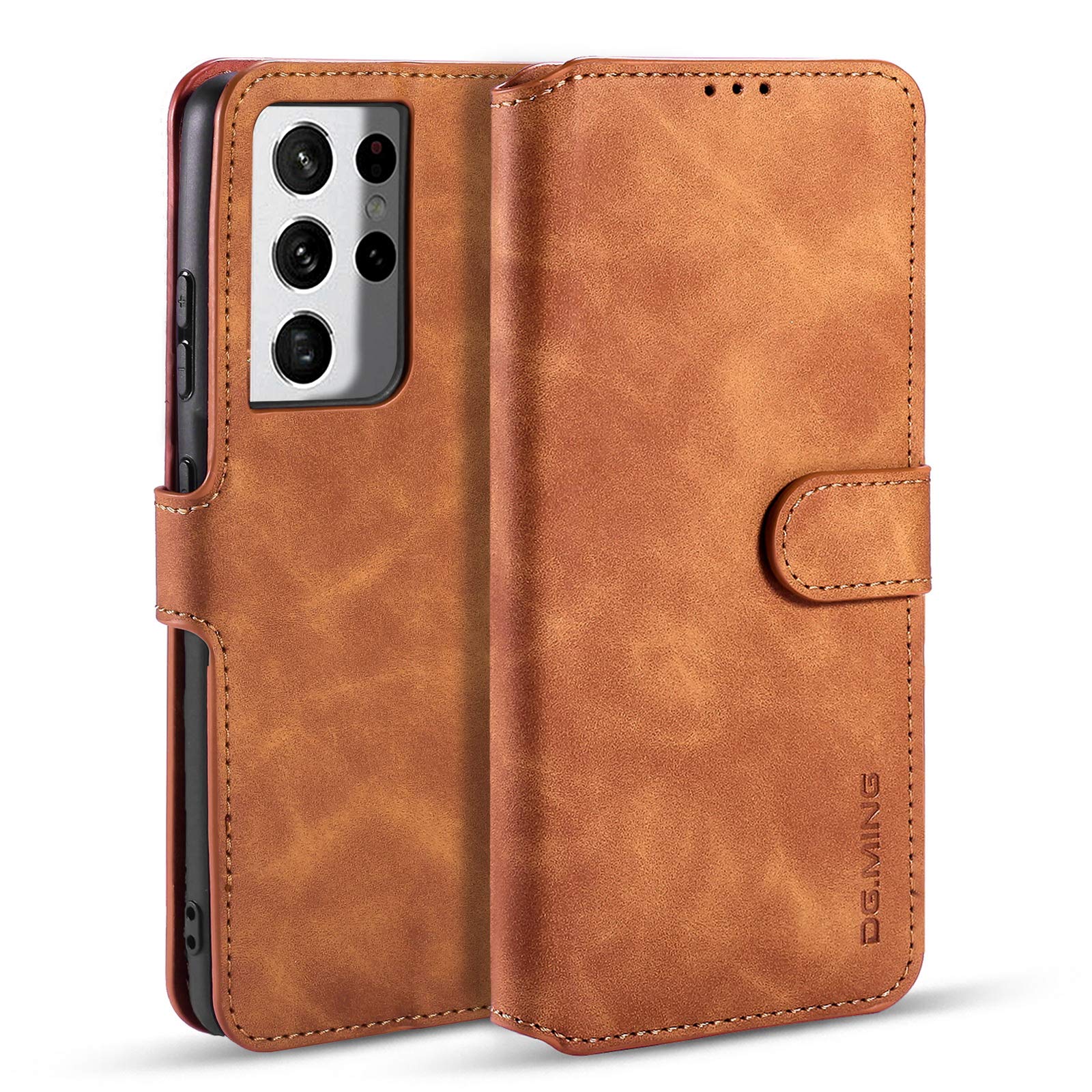 UEEBAI PU Leather Case for Samsung Galaxy S21 Ultra 5G, Vintage Retro Premium Wallet Flip Cover TPU Inner Shell [Card Slots] [Magnetic Closure] Stand Function Folio Shockproof Full Protection - Brown