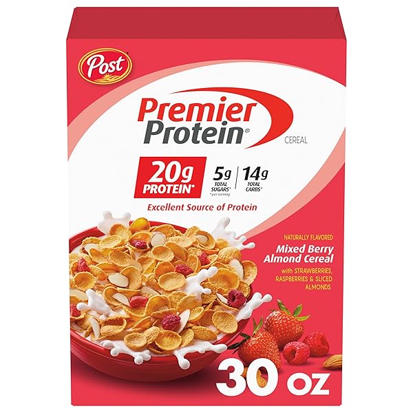 PREMIER PROTEIN MIXED BERRY ALMOND CEREAL, HIGH PROTEIN CEREAL, PROTEIN RICH BREAKFAST OR SNACK MADE WITH REAL BERRIES AND ALMONDS, 30 OUNCE – 1 COUNT