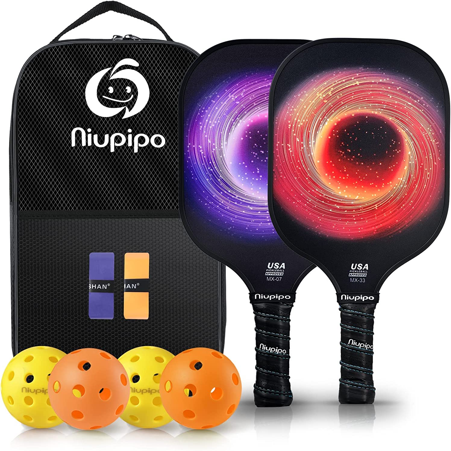 niupipo Pickleball Paddles Set of 2/4, USAPA Approved Lightweight Pickleball Rackets, Durable Fiberglass Surface with Polypropylene Honeycomb Core, Cushion Grip and Carry Bag
