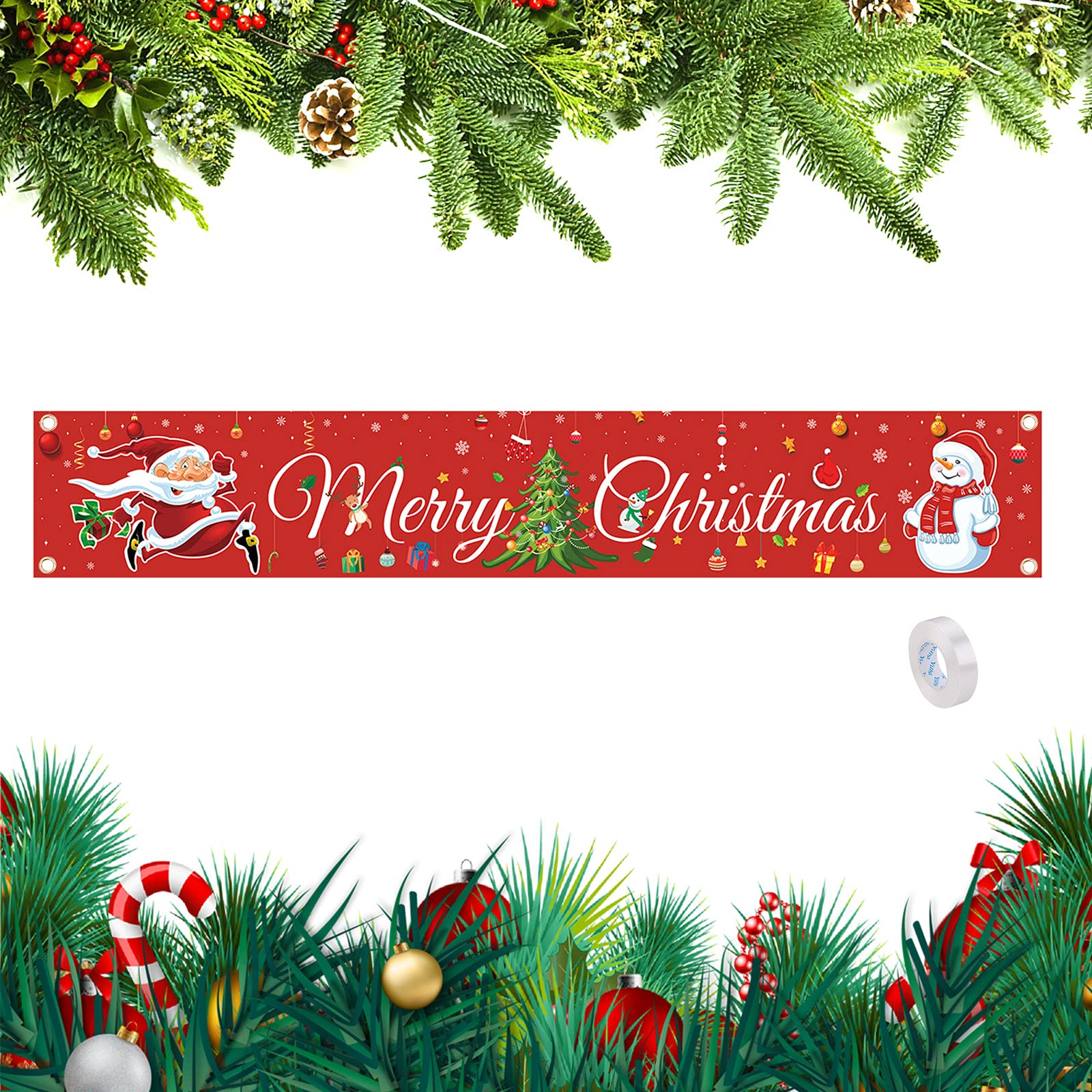 Large Merry Christmas Banner - 3m Xmas Yard Banner with Santa Claus, Snowman, Christmas Tree - Indoor/Outdoor Sign for Party Decoration