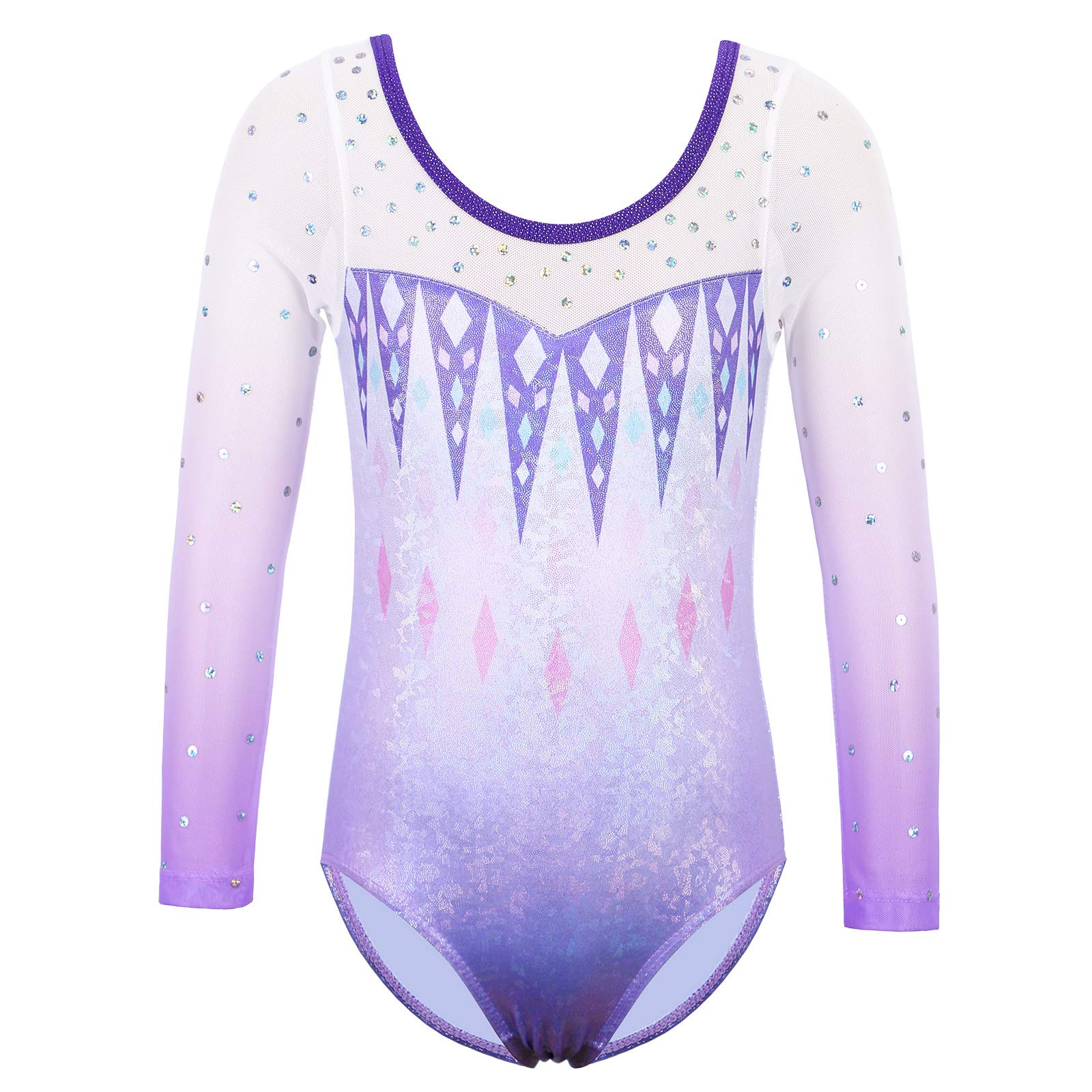ZNYUNE Gymnastics Leotards for Girls Sleeveless Long Sleeve Gradient Dance Gymnastics Leotard 3-14 Years (3-4 Years, SquarePurple-longsleeve)