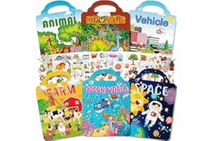 Aannanl Reusable Sticker Book for Children 2-4 Years Old, 6 Sets of Sticker Books for Toddlers Aged 1-3 and 2-4 Years Old Book for Girls and Boys-Farm+Animal+Dinosaur+Sea World+Space+Vehicle