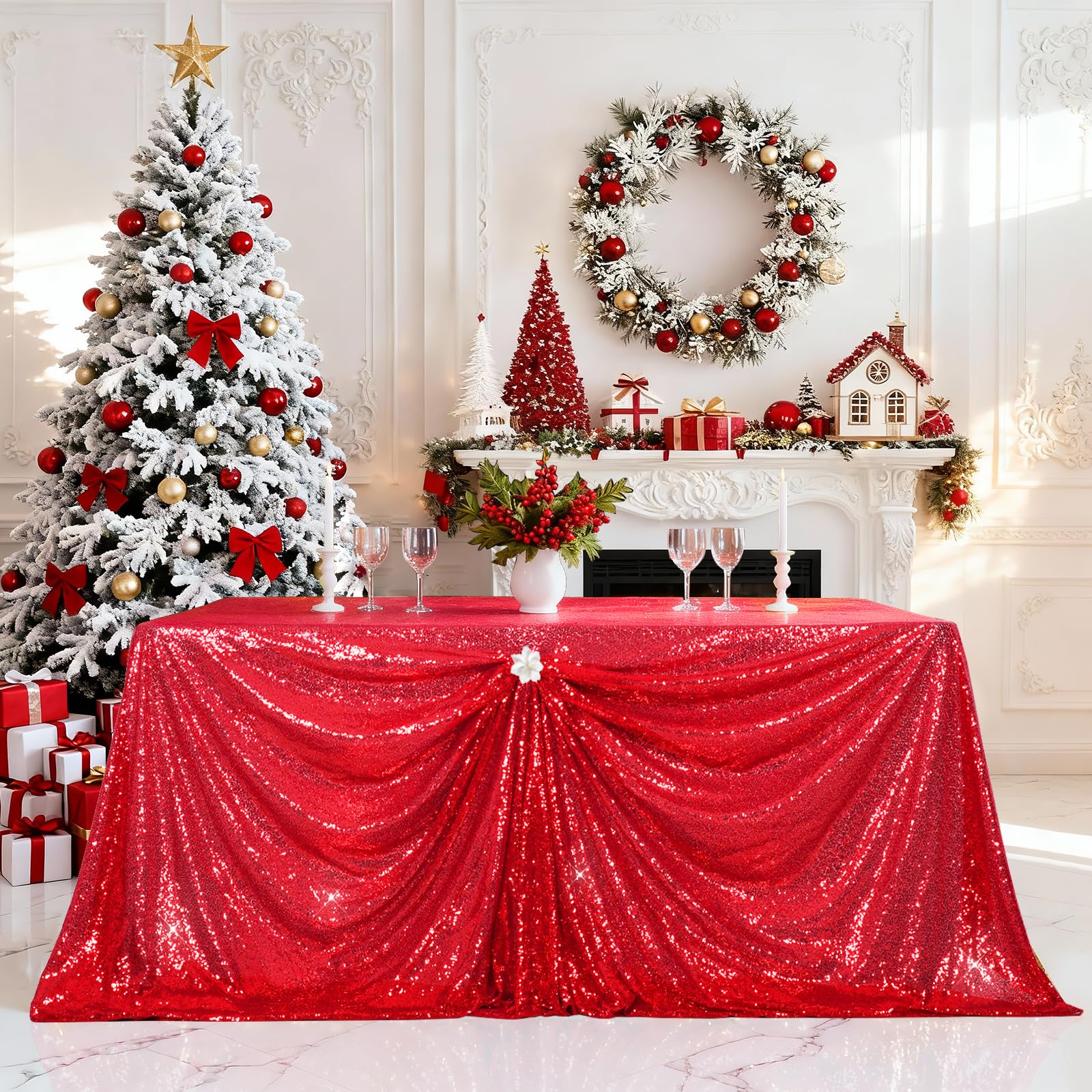 PartyDelight Sequin Tablecloth Red Rectangle 50"x80" Shimmer Table Cloths Sparkle Glitter Decorations