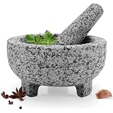 Mortar and Pestle Set, Unpolished Granite Grinder Bowl 6 Inch - 2 Cups | For Herbs Pesto Pastes Seasonings Grinder, Guacamole, With Non-Slip, Matsmolcajete mexicano