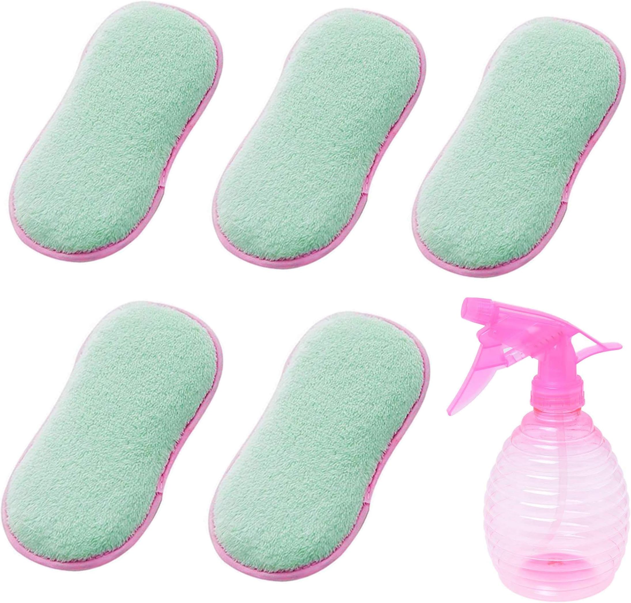 Ansior 7PCS Antibacterial Kitchen Scouring Pads Green Sets Double Sided Scrubbing Scourer Dish Scrubber Brush, Package Include 500ml Pink Spray Bottle - 5 or 7 Day Delivery