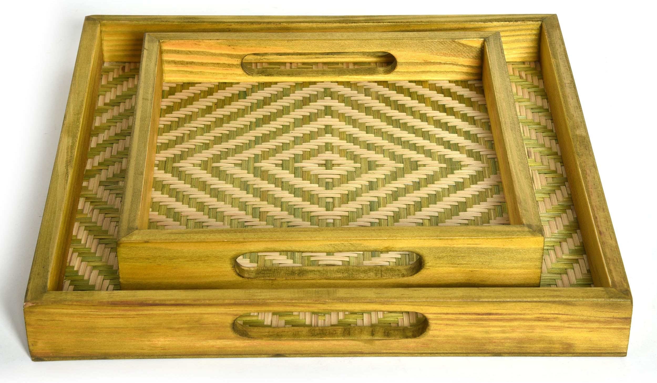 Silver Bells Handcrafted Wood and Bamboo Bi Color Square Multipurpose Tray Set of 2 (Olive Green)