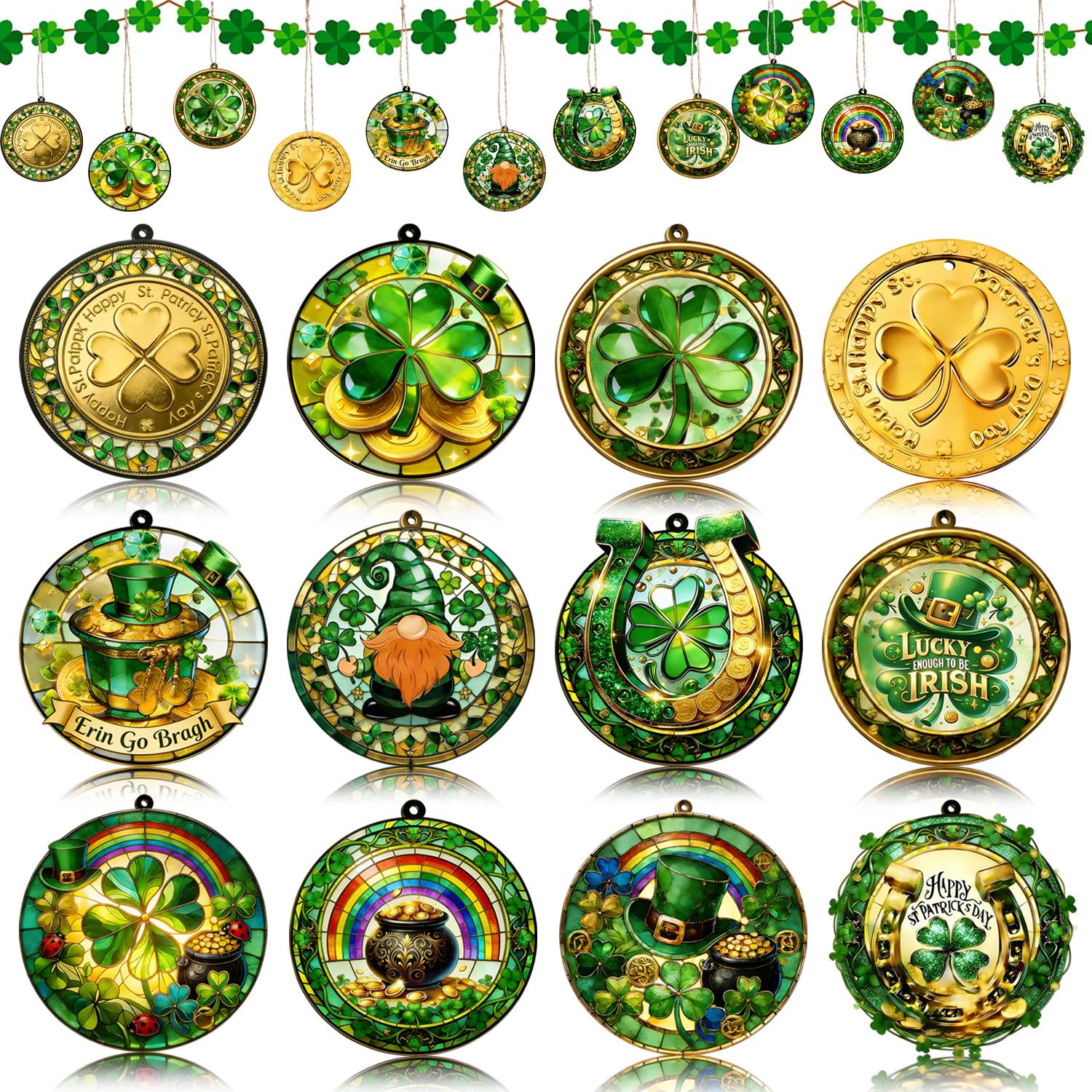 View 1 of St.Patrick's Day Wooden Hanging Ornaments Circular Lucky Shamrock Ornaments with Gold Coin Clover Rainbow Hat Tree Hanging Decoration Irish Tree Ornaments Set for Saint Patrick's Party Supplies