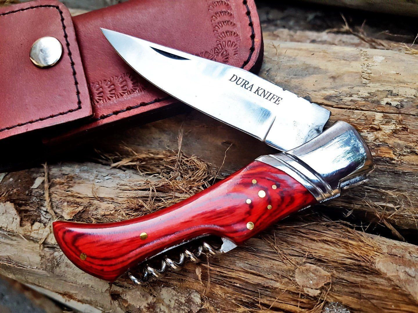 Dk-11 Red Color Wood 4'' Custom Handmade Stainless Steel Bolster Folding Pocket Knife 100% Prime Quality Plus Beautiful Stainless Steel Cork Screw Pocket Knives Limited Edition