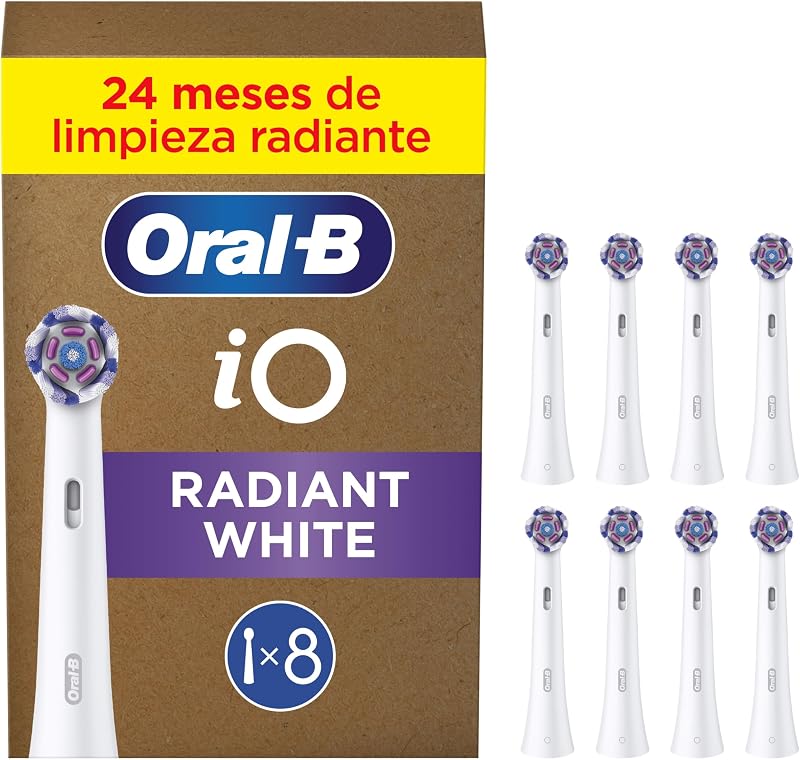 Oral-B Series iO Radiant White Original Replacement Heads, Pack de 8 Recargas Brancas para Escovas de Dentes Elétricas Oral-B iO, Branqueamento de Dentes, Remoção de Manchas