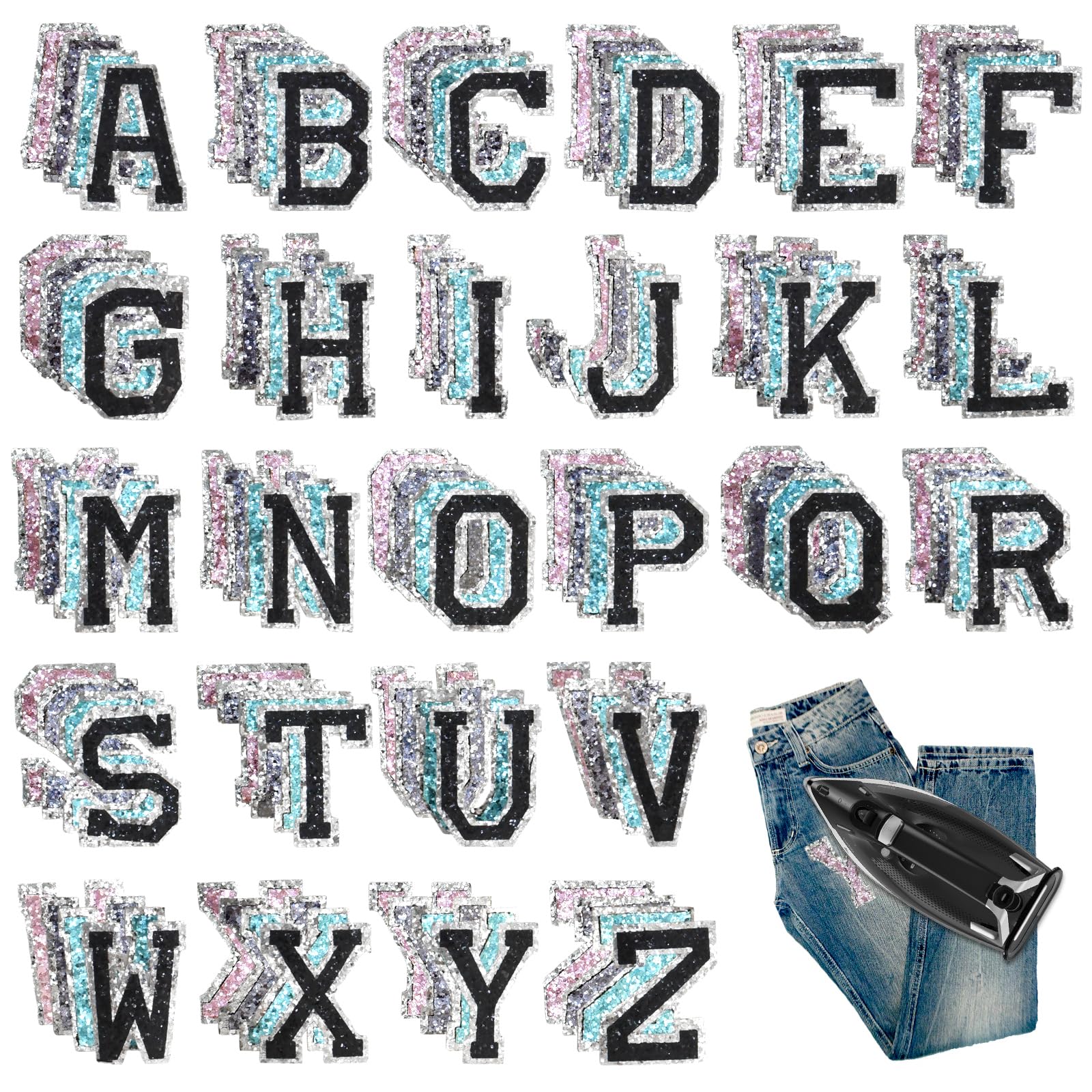 Photo 1 of 104PCS Iron On Letter Patches,Glitter Small Letter A-Z Iron On Alphabets Appliques for Clothes, Shiny Sequin Heat Transfer Vinyl Decals Decoration for Hats, Backpacks(Pink, Blue, Black, Silver)
