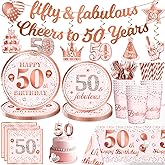 171Pcs 50th Birthday Decorations for Women Tableware Set Serves 25 Guests, 50 and Fabulous Supplies Include Banner, Candle, Plates and Tablecloth Etc, for Happy 50th Birthday Decorations