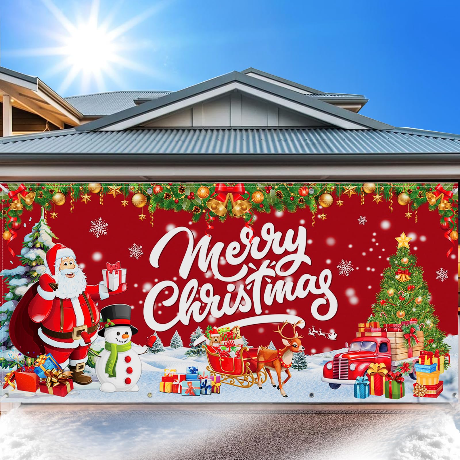 Photo 1 of Christmas Decorations Christmas Garage Door Cover, Large Hanging Backdrop Door Cover Christmas Garage Wall Decorations for Outdoor Home Yard Garage Door Decorations Party Photo Backgrounds(6X13Ft)