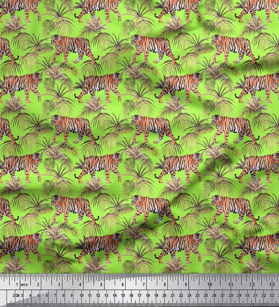 Soimoi Grun Samt Stoff Blätter & Tiger Dschungel Stoff Meterware 58