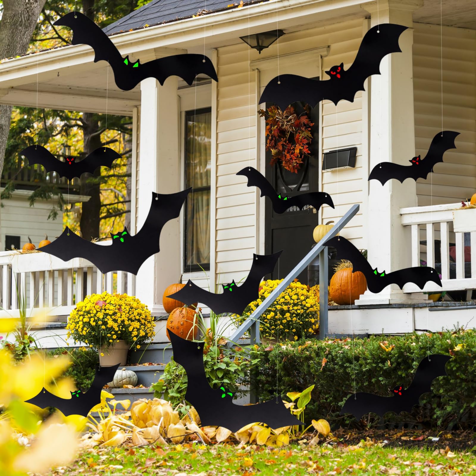 Renyigou halloween decorations,12 Pcs Halloween Hanging Bats,Black Flying Bat Hanging Decorations with Glowing Eyes for halloween garden decorations,Room Decor