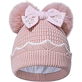 HOKEMP Winter Hat for Girls Kids, Girls Beanie Cap Pearl Bow Double Pom Pom Warm Fleece Lined, Toddler Knit Cap