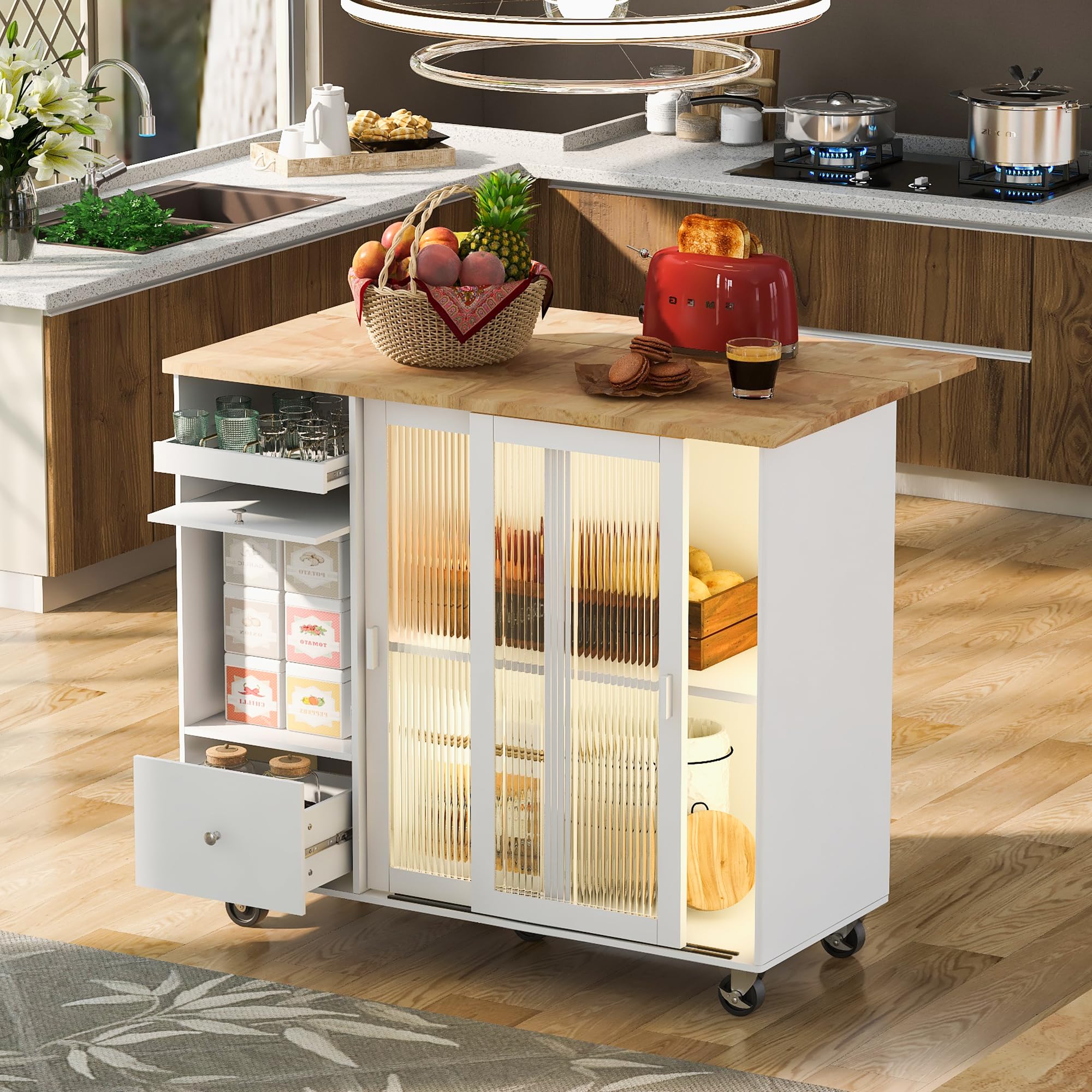 Photo 1 of ****SELLING FOR PARTS AS PARTIAL SET. SCUFF AND SCRAPE DAMAGE **Favfurish Kitchen Island with Drop Leaf/LED Light,Kitchen Cart on Wheels w/ 2 Fluted Glass Doors & 1 Flip Cabinet Door,2 Drawers, Adjustable Shelf,for Dining Room,44.03in,White