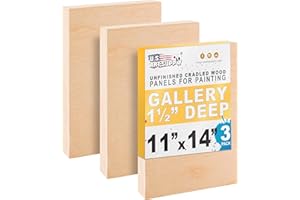 U.S. Art Supply 11" x 14" Unfinished Cradled Wood Panels for Painting, Gallery 1-1/2" Deep (3 Pack) - Artist Depth Wooden Wall Canvases - Mixed-Media Craft, Acrylic, Oil, Encaustic, Paint Pouring