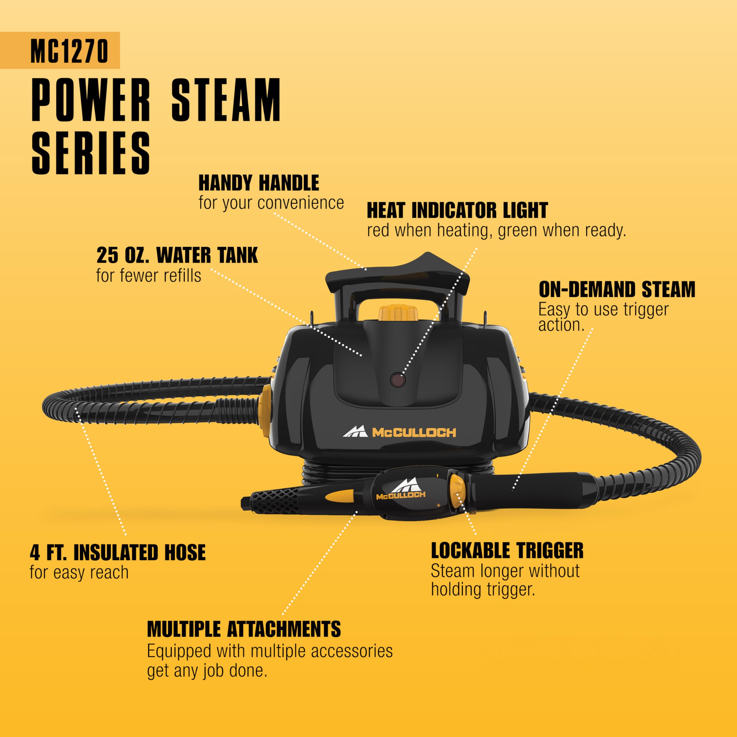 McCulloch MC1270 Portable Power Steam Cleaner, 30 Minute Runtime, 16 Accessories: Mop Head, Brushes, & More - Built for Home, Tile, Grout, Carpet, Furniture, & Personal Car Detailing
