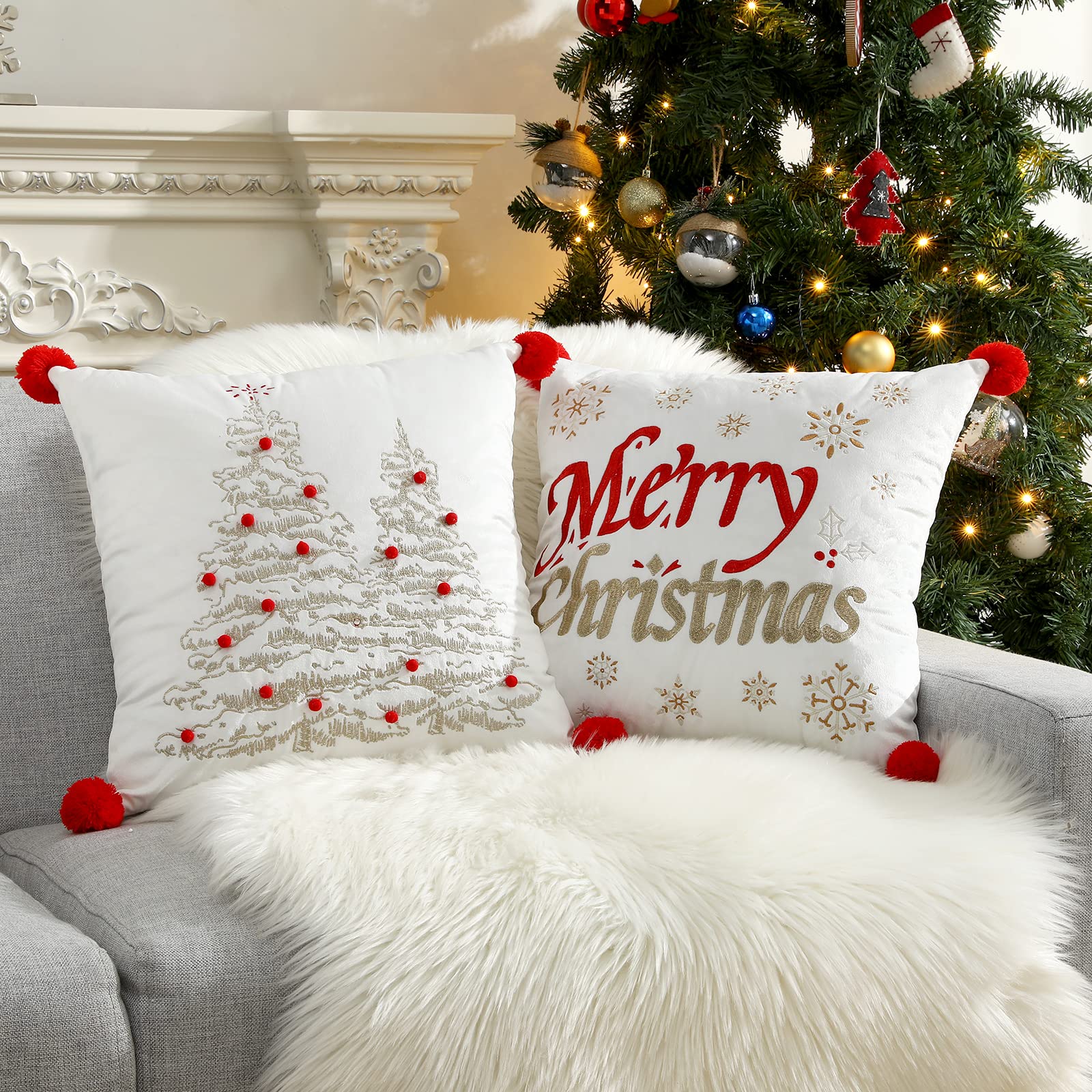 Lewondr Christmas Throw Pillow Covers, 2 Pack Snowflake Christmas Tree Embroidery 18x18 Pillowcases Home Xmas Decorative Soft Cushion Covers for Sofa Bed Chair — image 1
