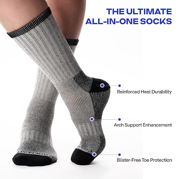 COOLMATE MERINO WOOL HIKING SOCKS FOR MEN – PACK OF 3 SUPER THICK WARM WINTER THERMAL CREW SOCKS WITH ARCH SUPPORT & BLISTER-FREE, GREY-BLACK, L