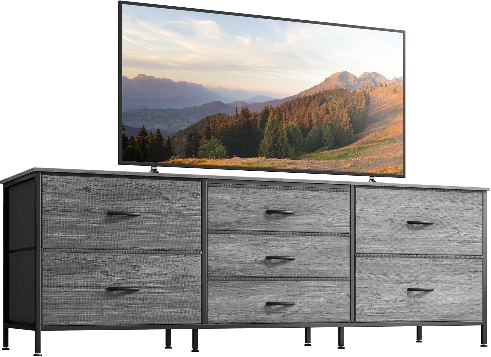 Photo 1 of Huuger Dresser for Bedroom, 63 Inch TV Stand for 55, 65, 70 Inch TV, Long Fabric Dresser for Closet, Chest of Drawers for Storage, Clothing, 7 Drawers, Grey