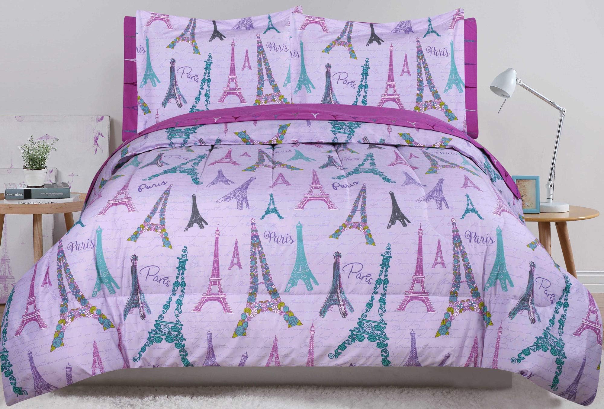 HowPlum Twin Paris Comforter and Sheet Purple Eiffel Tower Floral Bed in a Bag Set