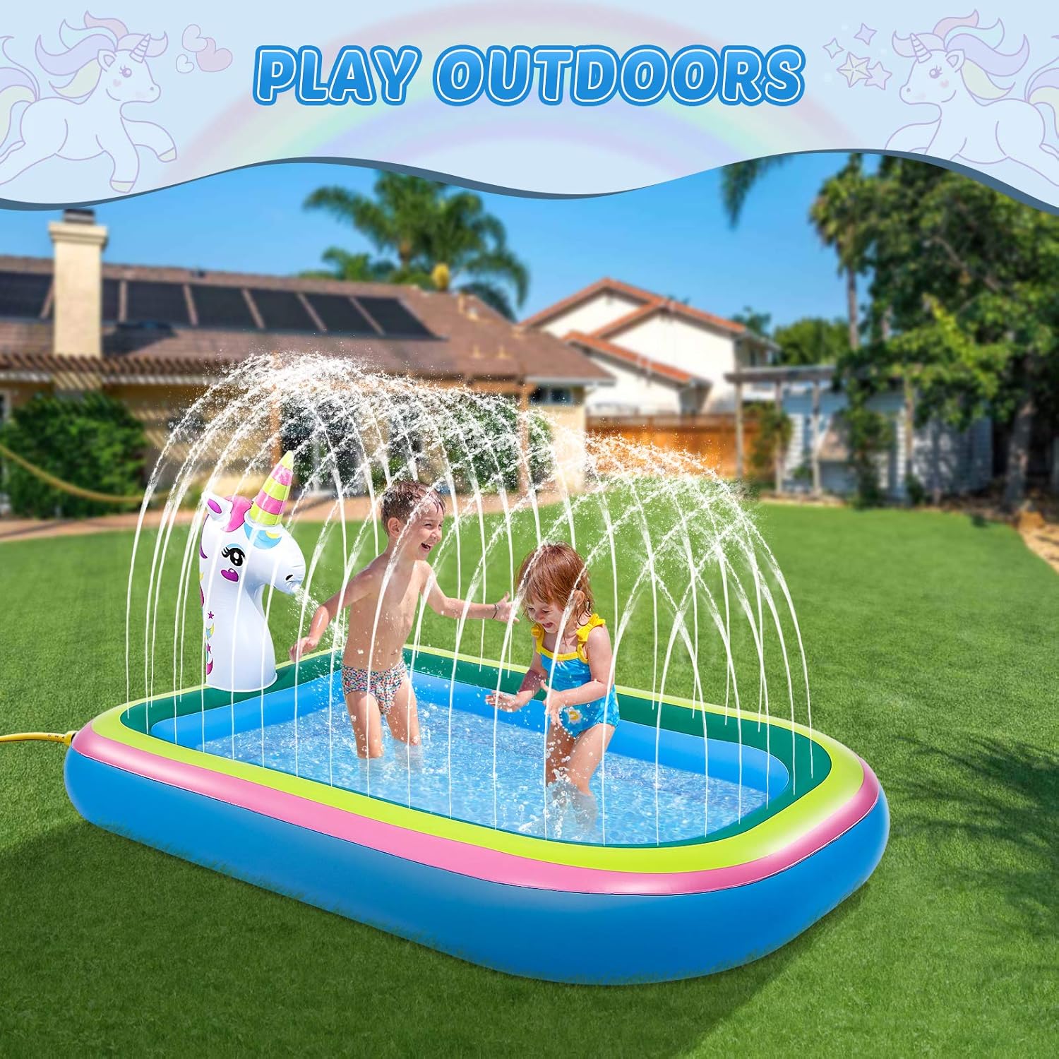 iBaseToy Unicorn Sprinkler Pools for Kids, Splash Pad Inflatable Kiddie Pool for Outside, Splash Mat Baby Paddling Pool for Backyard, Water Sprinkler Toys Games for Summer Outdoor Toddlers Play - 68": Toys & Games
