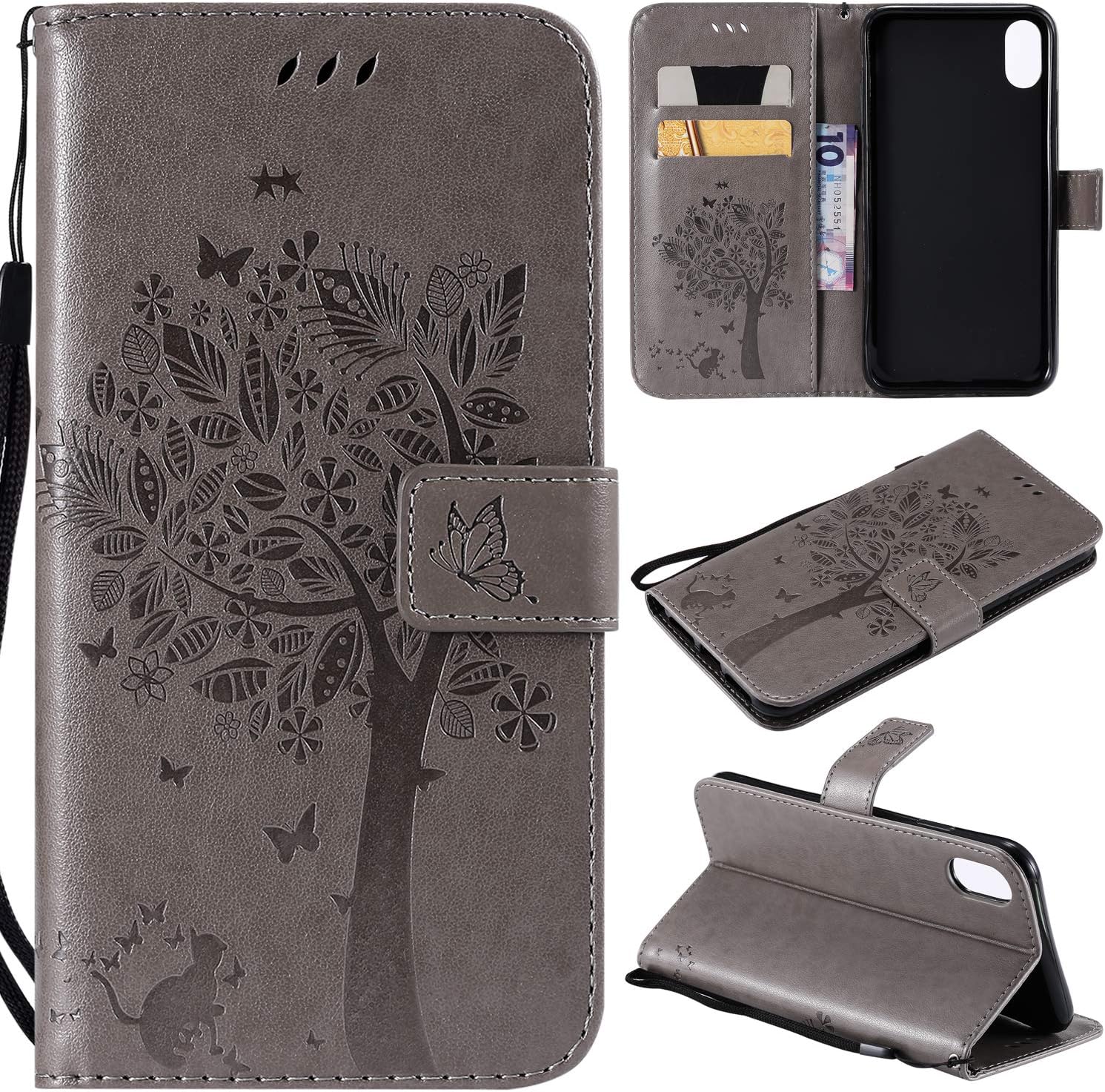 NOMO iPhone XR Case,iPhone XR Wallet Case,iPhone XR Flip Case PU Leather Emboss Tree Cat Flowers Folio Magnetic Kickstand Cover with Card Slots for Apple iPhone XR (6.1 inch) 2018 Release, Gray