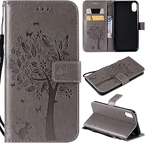 NOMO iPhone XR Case,iPhone XR Wallet Case,iPhone XR Flip Case PU Leather Emboss Tree Cat Flowers Folio Magnetic Kickstand Cover with Card Slots for Apple iPhone XR (6.1 inch) 2018 Release, Gray