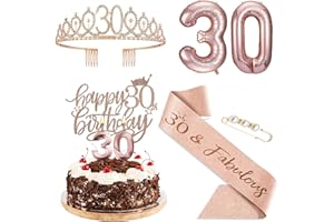 AgQrDkrc 30th birthday decorations for women,Rose gold,Include 30th Birthday Crown,30th Birthday Queen Sash with Pearl Pin,Cake topper,Number Candles and Balloons