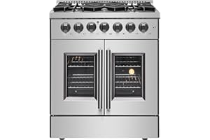 Forno Galiano 30" Freestanding French Door Dual Fuel Range with 5 Sealed Burners 68,000BTU & 4.32 cu.ft. True Convection Oven - Modern Design Fuel Range with Pro-Style Handle & Zinc Coated Metal Knobs