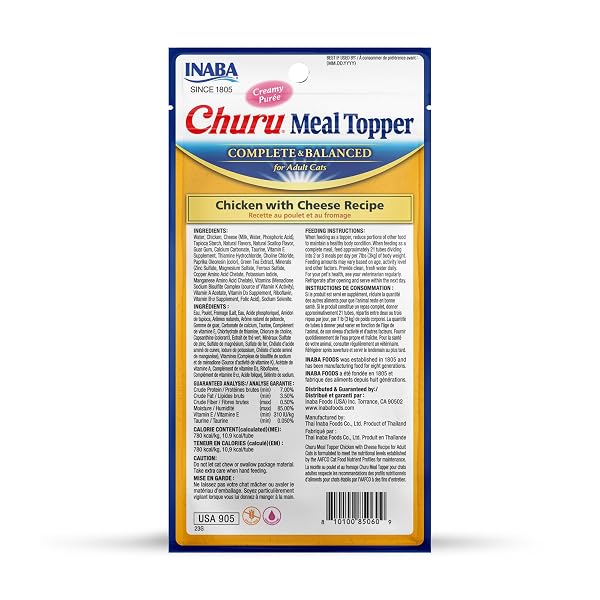INABA CHURU MEAL TOPPER FOR CATS, COMPLETE & BALANCED, CREAMY, LICKABLE PURÉE CAT FOOD TOPPER, 0.5 OUNCE TUBE, 24 TUBES (4 PER PACK), CHICKEN WITH CHEESE RECIPE