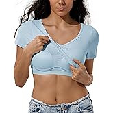 ZeroBound Built in Shelf Bra Crop Tops - V Neck Basic Casual Crop T Shirt, Short Sleeve Y2k Tee for Women