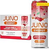 JUNO ENERGY Organic Cherry Sparkling Energy Drink - Sugar Free, Energizing and Hydrating with 125mg Organic Caffeine from Green Coffee Beans, Organic Monk Fruit, Organic Sour and Black Cherry Juice & Electrolytes - Vegan, Gluten Free, 12 Pack