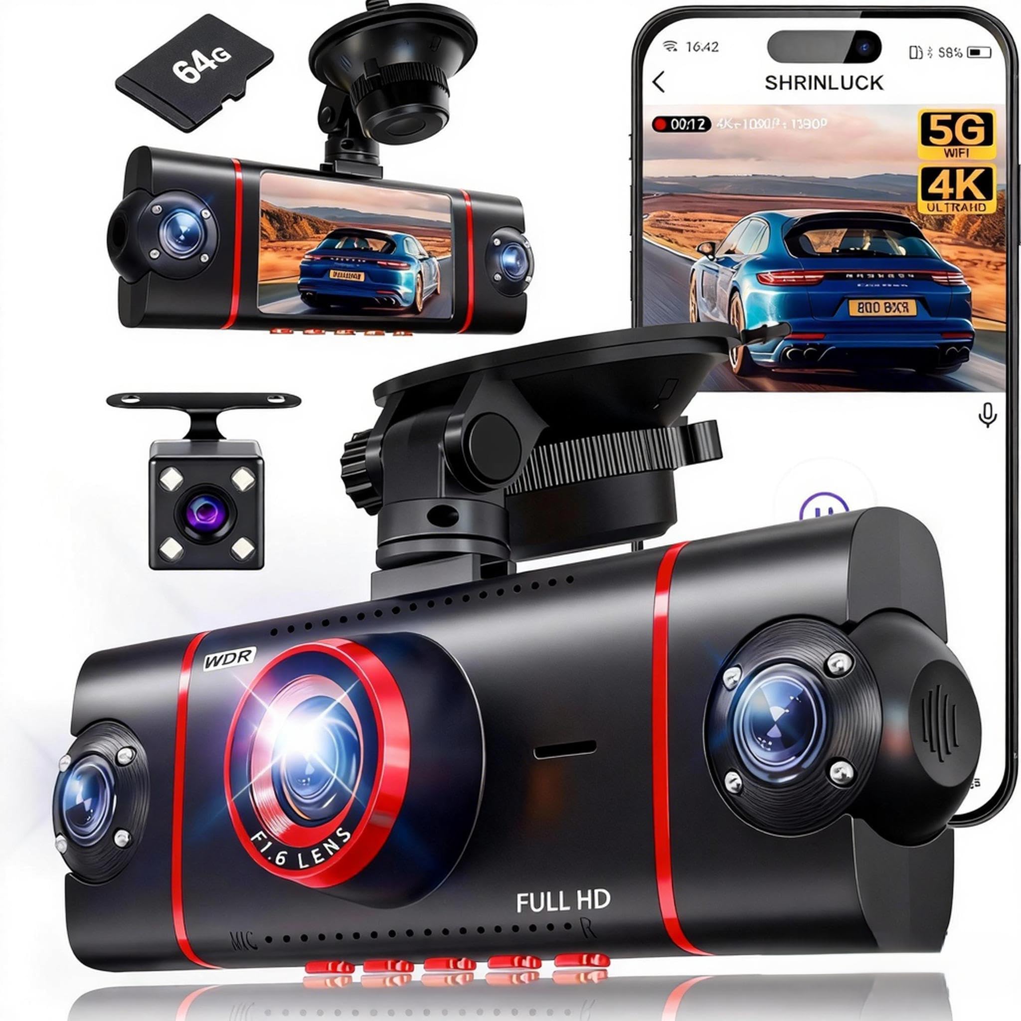 4 Channel 360° Dash Cam Front Rear Inside & Left Right,4K+1080P*3 FHD Car Camera,5GHz WiFi & App Control,8 IR Lamps Night Vision, 24H Parking Mode, G-Sensor, Loop Recording, Includes 64GB SD Card（Red）