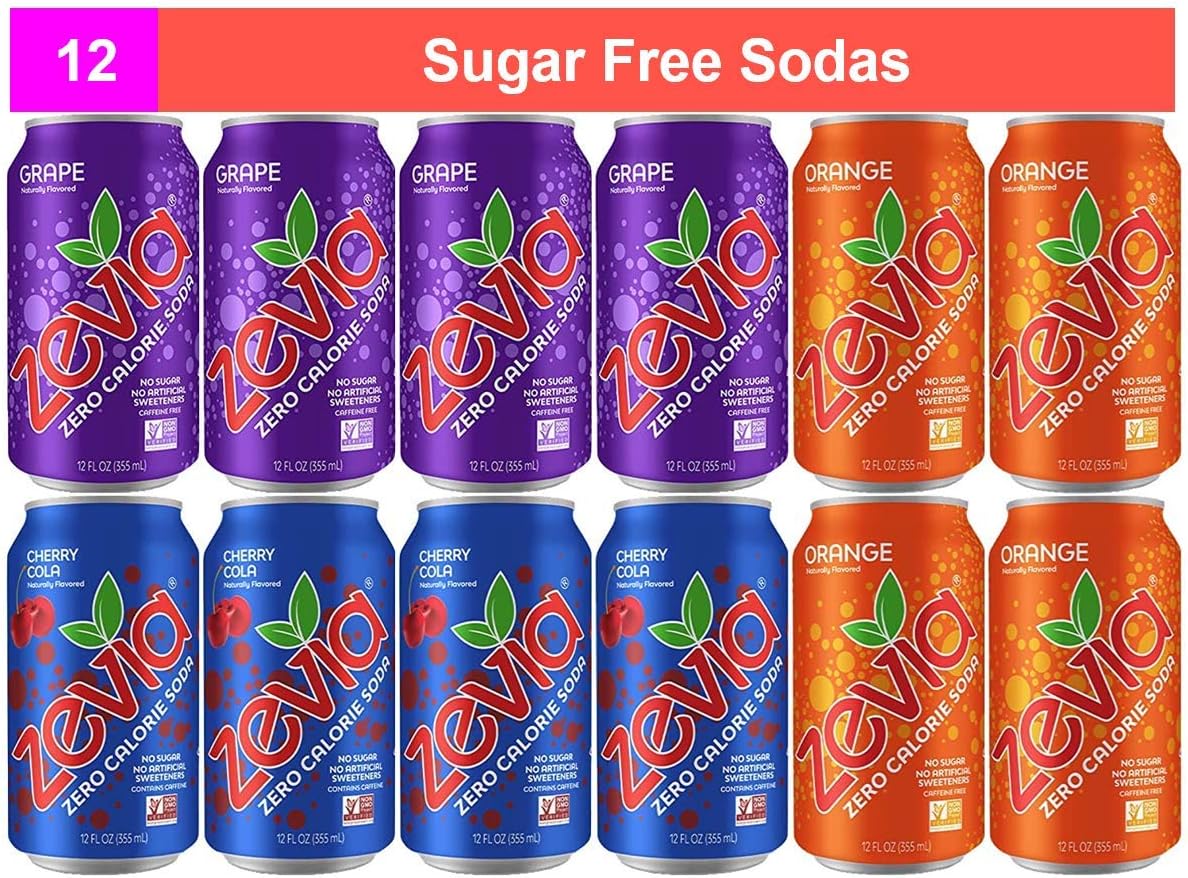 Variety Zevia Soda Zero Calorie (12 pack) Cherry Cola, Orange and Grape Flavored Beverages, Sugar Free, Vegan, Organic Liquid Keto Cans, Mini Fridge Restock Box