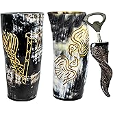 Viking Drinking Horn Mugs Set of 2,100% Authentic, Unique, Handmade Natural Ox Horn Shot Glasses| 10oz Cool Unique Tumbler, Beer Gift for Men and Women, Goblet| Mediaeval Stein for Ale, Mead, Whiskyโฆ