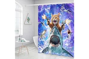 GRTUSPR Funny Cat Shower Curtain for Kids, Cute Kitten Riding Shark Ocean Theme Hilarious Cool Fun Grey Purple Wave Animal Nautical Whale Boys Bathroom Sets Decor Fabric Polyester Waterproof 12 Pack Hooks